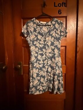 LOFT Blue Floral Short Sleeve Button Front Mini  Dress